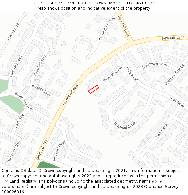 21, SHEARSBY DRIVE, FOREST TOWN, MANSFIELD, NG19 0RN: Location map and indicative extent of plot