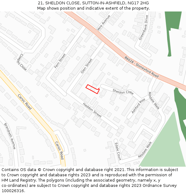 21, SHELDON CLOSE, SUTTON-IN-ASHFIELD, NG17 2HG: Location map and indicative extent of plot