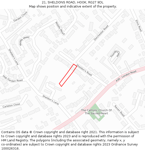 21, SHELDONS ROAD, HOOK, RG27 9DL: Location map and indicative extent of plot