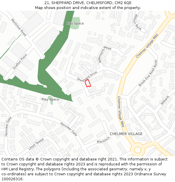 21, SHEPPARD DRIVE, CHELMSFORD, CM2 6QE: Location map and indicative extent of plot