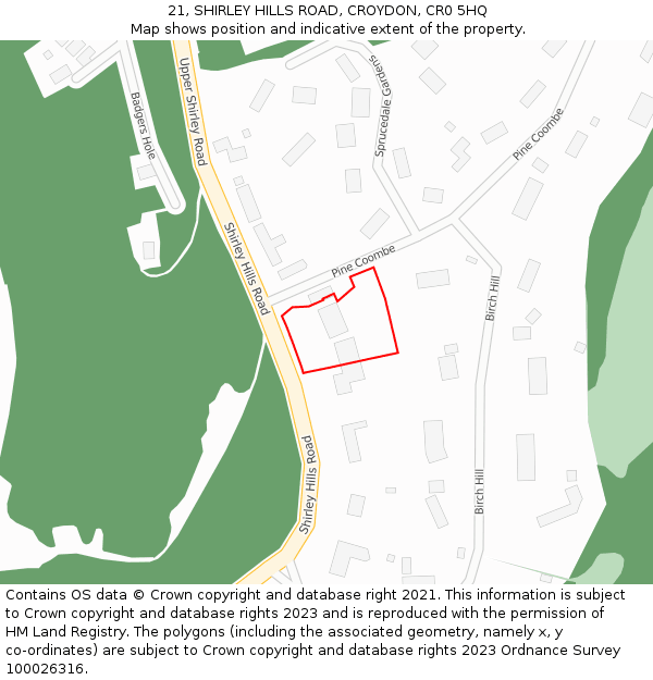 21, SHIRLEY HILLS ROAD, CROYDON, CR0 5HQ: Location map and indicative extent of plot