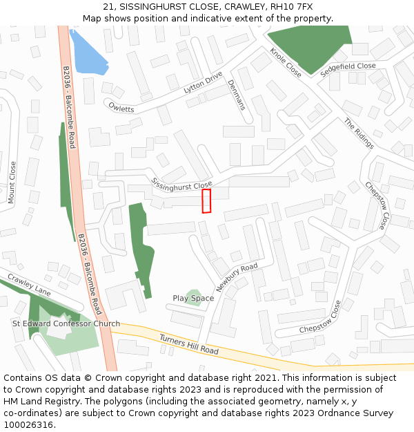 21, SISSINGHURST CLOSE, CRAWLEY, RH10 7FX: Location map and indicative extent of plot