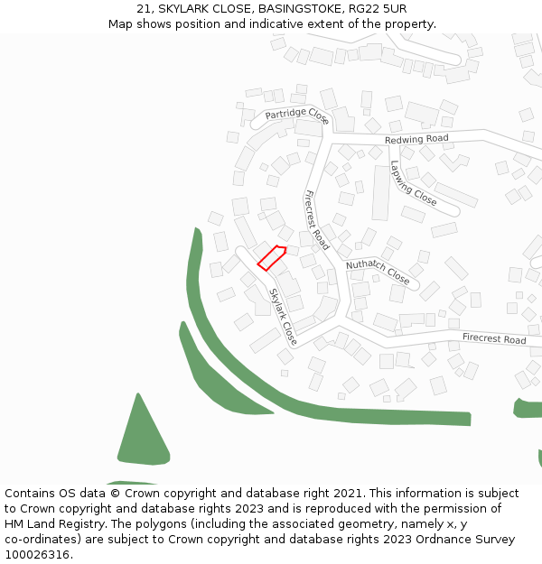 21, SKYLARK CLOSE, BASINGSTOKE, RG22 5UR: Location map and indicative extent of plot