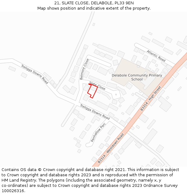 21, SLATE CLOSE, DELABOLE, PL33 9EN: Location map and indicative extent of plot