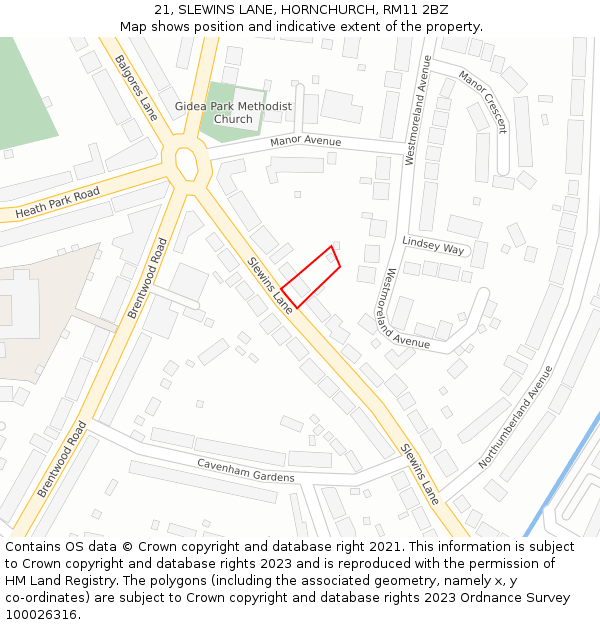 21, SLEWINS LANE, HORNCHURCH, RM11 2BZ: Location map and indicative extent of plot