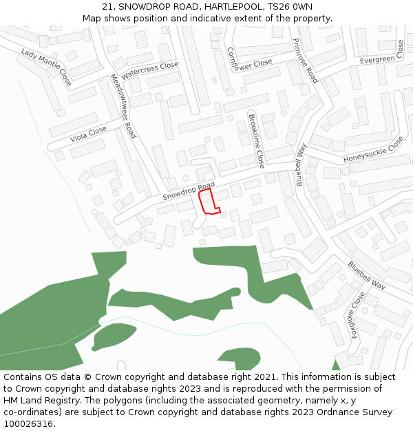 21, SNOWDROP ROAD, HARTLEPOOL, TS26 0WN: Location map and indicative extent of plot