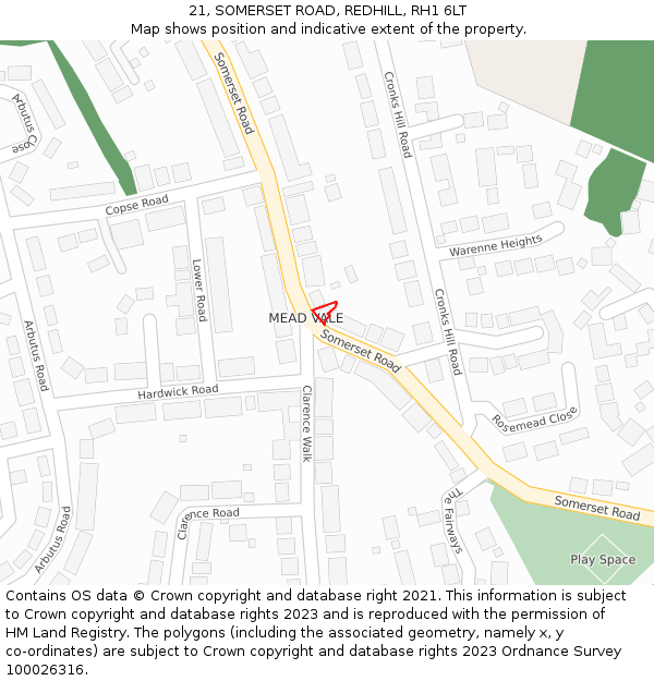 21, SOMERSET ROAD, REDHILL, RH1 6LT: Location map and indicative extent of plot