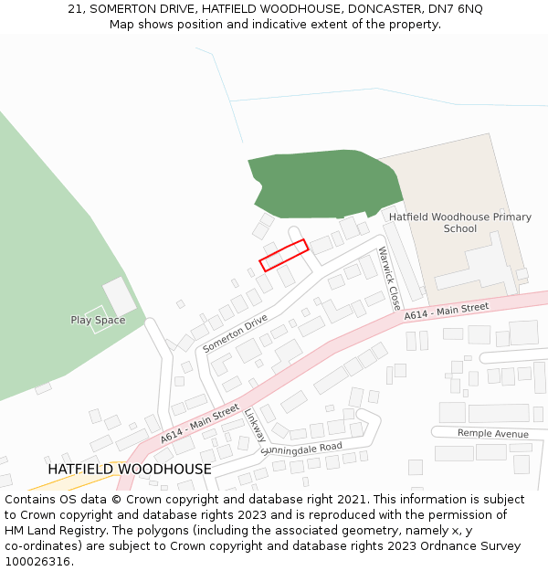 21, SOMERTON DRIVE, HATFIELD WOODHOUSE, DONCASTER, DN7 6NQ: Location map and indicative extent of plot
