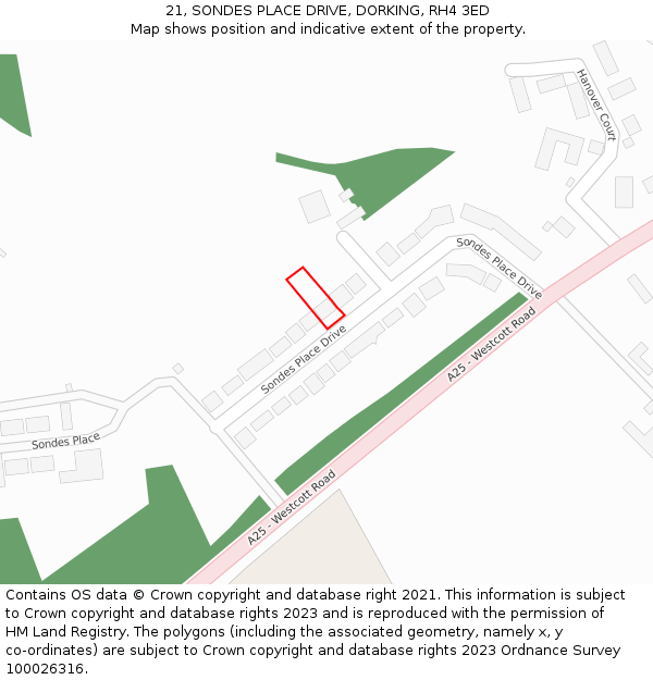 21, SONDES PLACE DRIVE, DORKING, RH4 3ED: Location map and indicative extent of plot