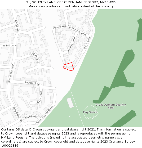 21, SOUDLEY LANE, GREAT DENHAM, BEDFORD, MK40 4WN: Location map and indicative extent of plot