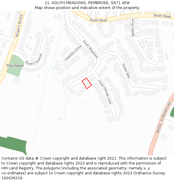 21, SOUTH MEADOWS, PEMBROKE, SA71 4EW: Location map and indicative extent of plot