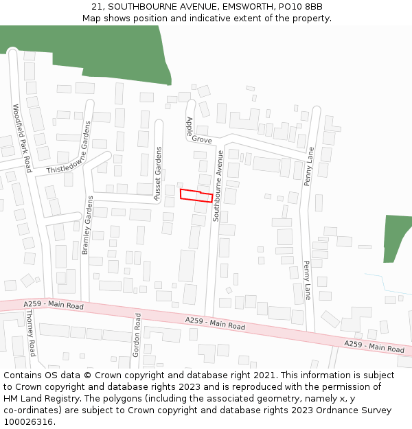 21, SOUTHBOURNE AVENUE, EMSWORTH, PO10 8BB: Location map and indicative extent of plot