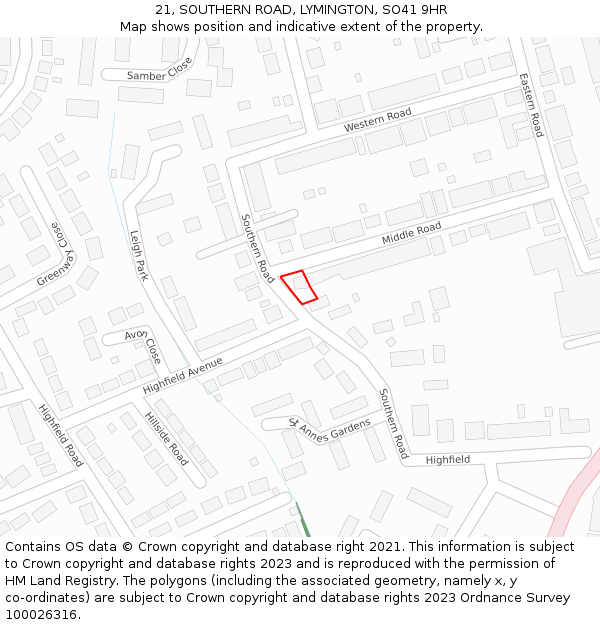 21, SOUTHERN ROAD, LYMINGTON, SO41 9HR: Location map and indicative extent of plot