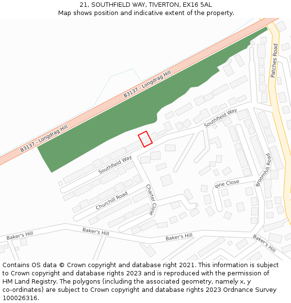 21, SOUTHFIELD WAY, TIVERTON, EX16 5AL: Location map and indicative extent of plot
