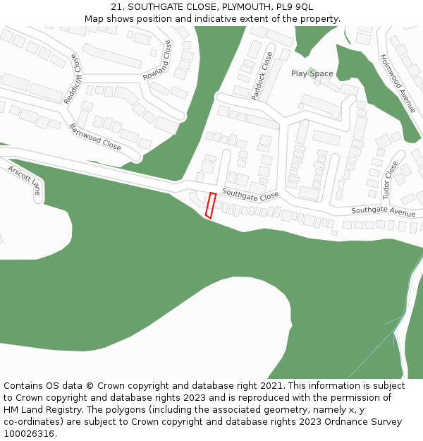 21, SOUTHGATE CLOSE, PLYMOUTH, PL9 9QL: Location map and indicative extent of plot