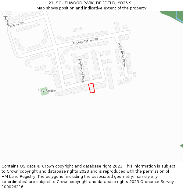 21, SOUTHWOOD PARK, DRIFFIELD, YO25 9HJ: Location map and indicative extent of plot