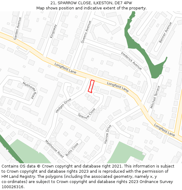 21, SPARROW CLOSE, ILKESTON, DE7 4PW: Location map and indicative extent of plot