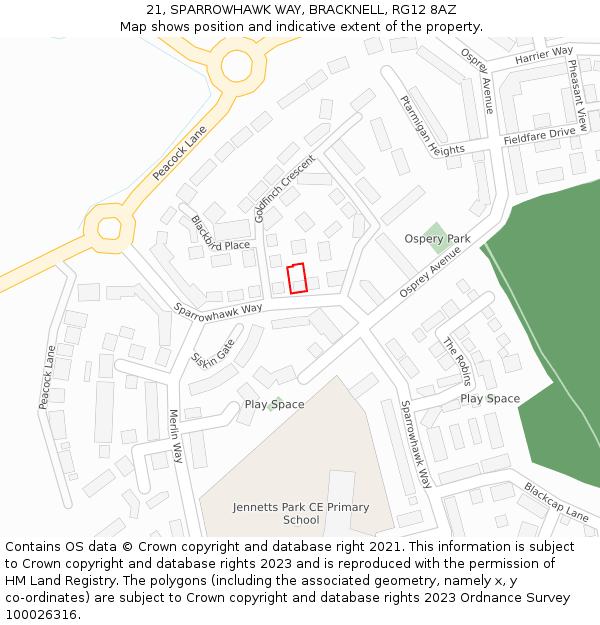 21, SPARROWHAWK WAY, BRACKNELL, RG12 8AZ: Location map and indicative extent of plot