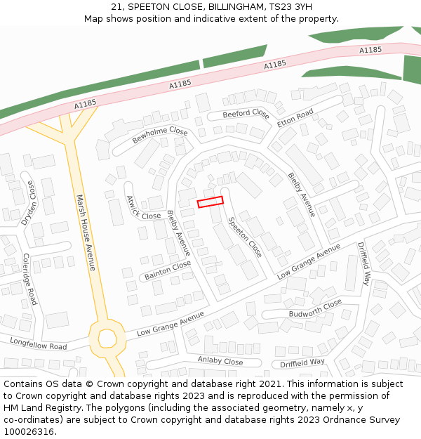 21, SPEETON CLOSE, BILLINGHAM, TS23 3YH: Location map and indicative extent of plot