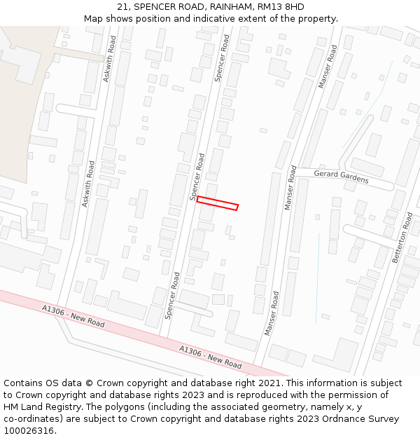 21, SPENCER ROAD, RAINHAM, RM13 8HD: Location map and indicative extent of plot