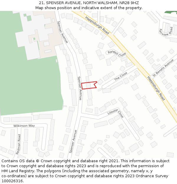 21, SPENSER AVENUE, NORTH WALSHAM, NR28 9HZ: Location map and indicative extent of plot