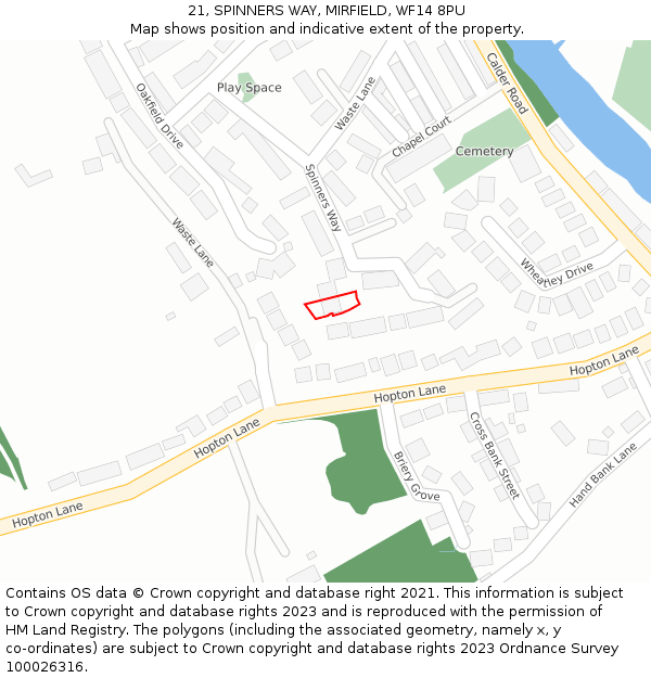 21, SPINNERS WAY, MIRFIELD, WF14 8PU: Location map and indicative extent of plot