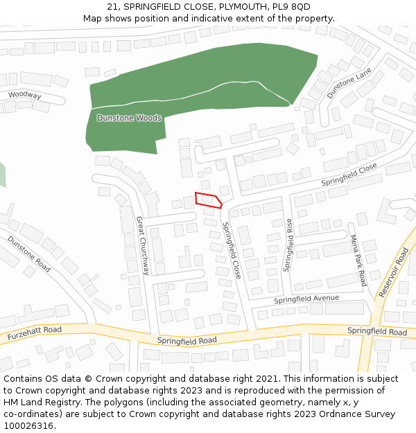 21, SPRINGFIELD CLOSE, PLYMOUTH, PL9 8QD: Location map and indicative extent of plot