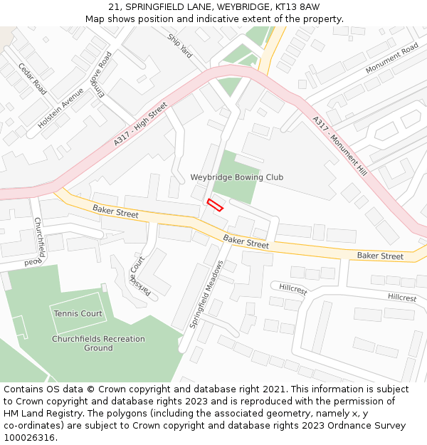 21, SPRINGFIELD LANE, WEYBRIDGE, KT13 8AW: Location map and indicative extent of plot
