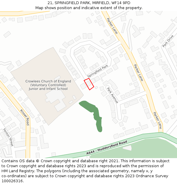 21, SPRINGFIELD PARK, MIRFIELD, WF14 9PD: Location map and indicative extent of plot