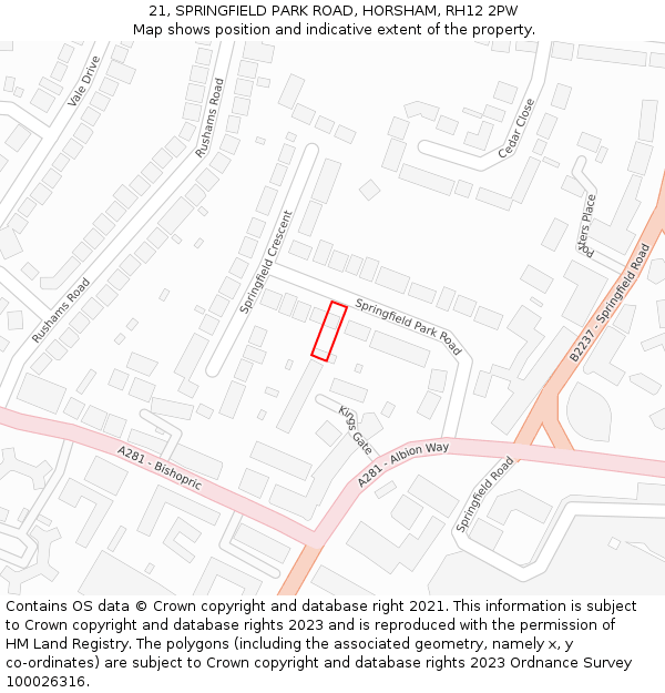 21, SPRINGFIELD PARK ROAD, HORSHAM, RH12 2PW: Location map and indicative extent of plot