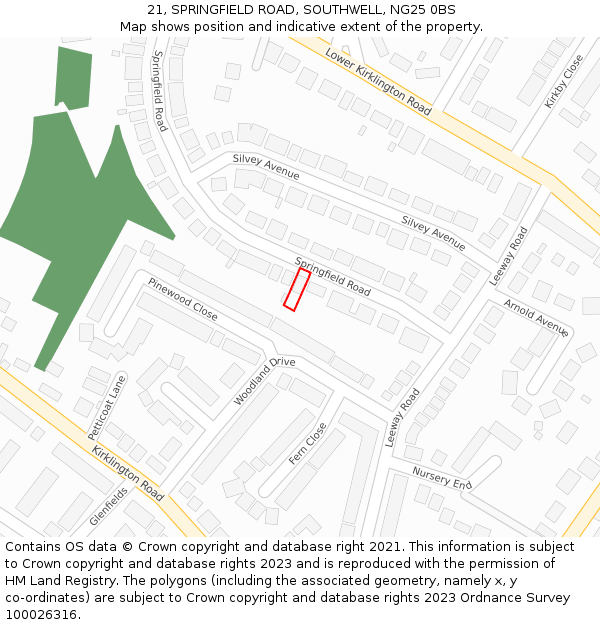 21, SPRINGFIELD ROAD, SOUTHWELL, NG25 0BS: Location map and indicative extent of plot