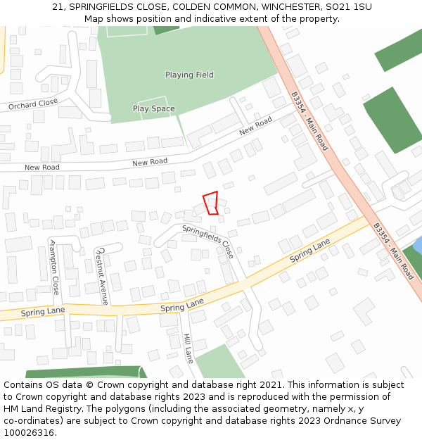 21, SPRINGFIELDS CLOSE, COLDEN COMMON, WINCHESTER, SO21 1SU: Location map and indicative extent of plot