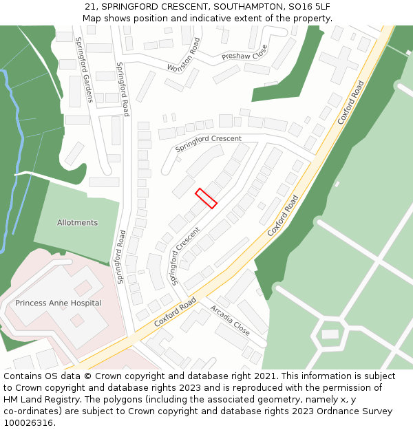 21, SPRINGFORD CRESCENT, SOUTHAMPTON, SO16 5LF: Location map and indicative extent of plot