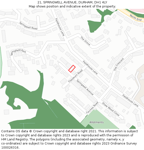 21, SPRINGWELL AVENUE, DURHAM, DH1 4LY: Location map and indicative extent of plot