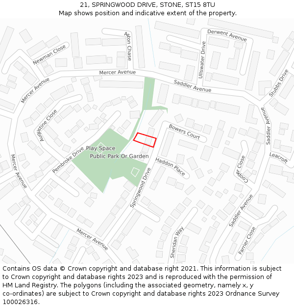 21, SPRINGWOOD DRIVE, STONE, ST15 8TU: Location map and indicative extent of plot