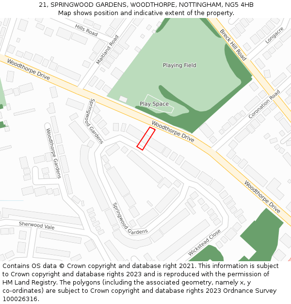 21, SPRINGWOOD GARDENS, WOODTHORPE, NOTTINGHAM, NG5 4HB: Location map and indicative extent of plot