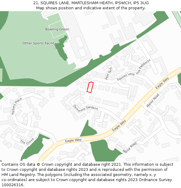 21, SQUIRES LANE, MARTLESHAM HEATH, IPSWICH, IP5 3UG: Location map and indicative extent of plot