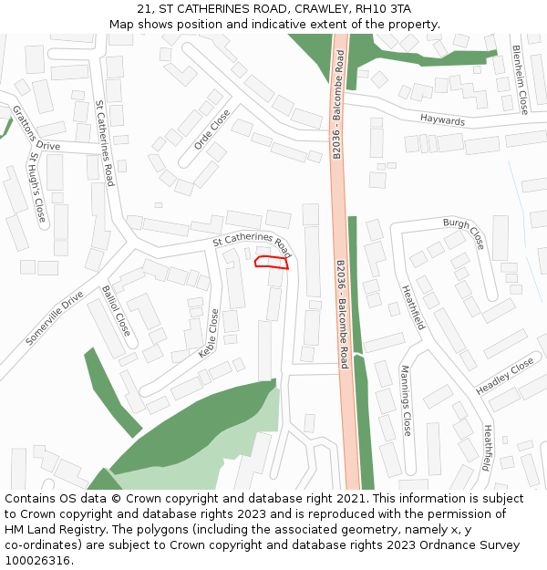 21, ST CATHERINES ROAD, CRAWLEY, RH10 3TA: Location map and indicative extent of plot