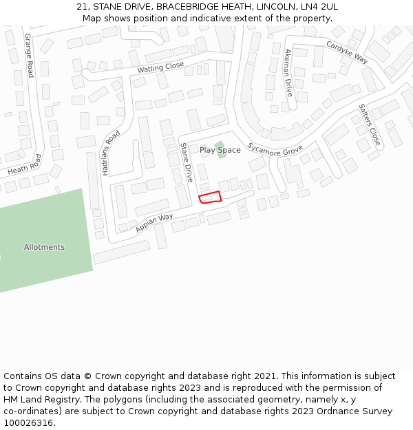 21, STANE DRIVE, BRACEBRIDGE HEATH, LINCOLN, LN4 2UL: Location map and indicative extent of plot