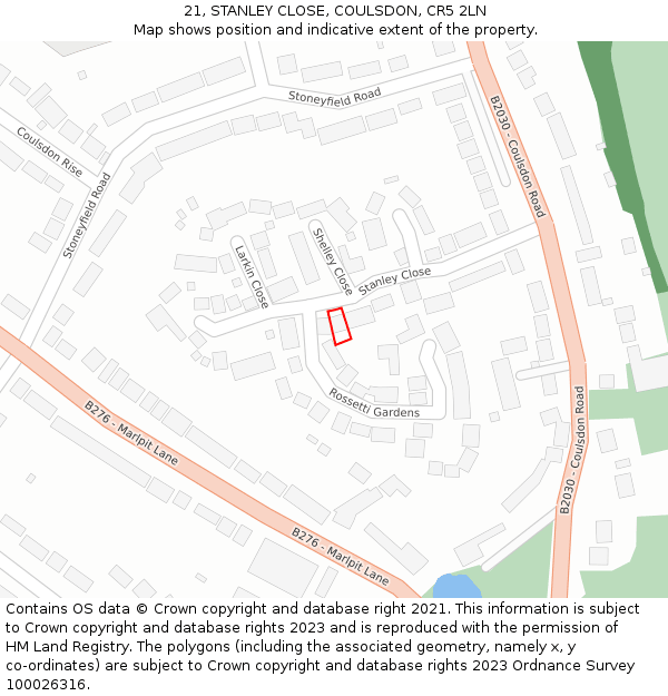 21, STANLEY CLOSE, COULSDON, CR5 2LN: Location map and indicative extent of plot