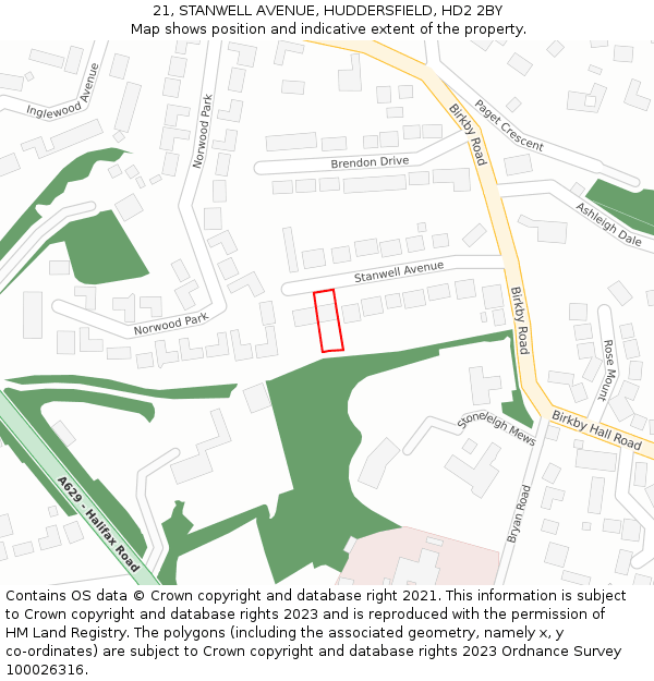 21, STANWELL AVENUE, HUDDERSFIELD, HD2 2BY: Location map and indicative extent of plot