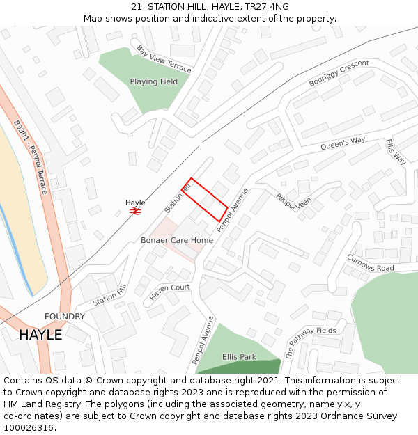 21, STATION HILL, HAYLE, TR27 4NG: Location map and indicative extent of plot