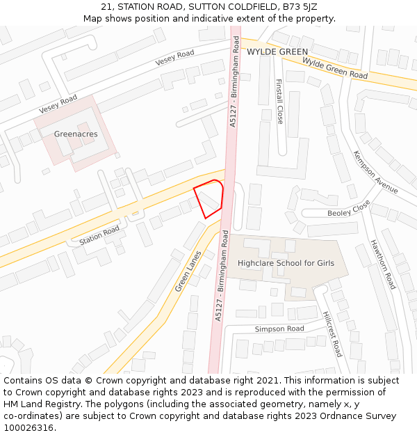 21, STATION ROAD, SUTTON COLDFIELD, B73 5JZ: Location map and indicative extent of plot