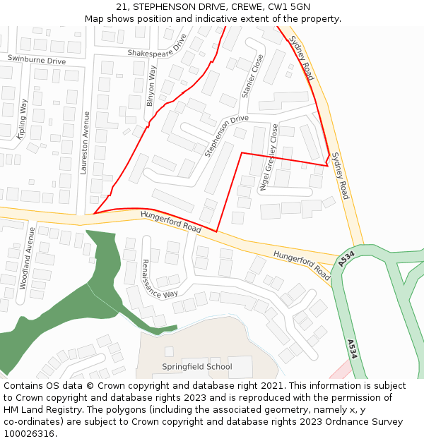 21, STEPHENSON DRIVE, CREWE, CW1 5GN: Location map and indicative extent of plot