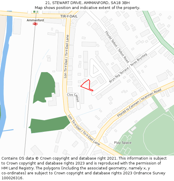 21, STEWART DRIVE, AMMANFORD, SA18 3BH: Location map and indicative extent of plot