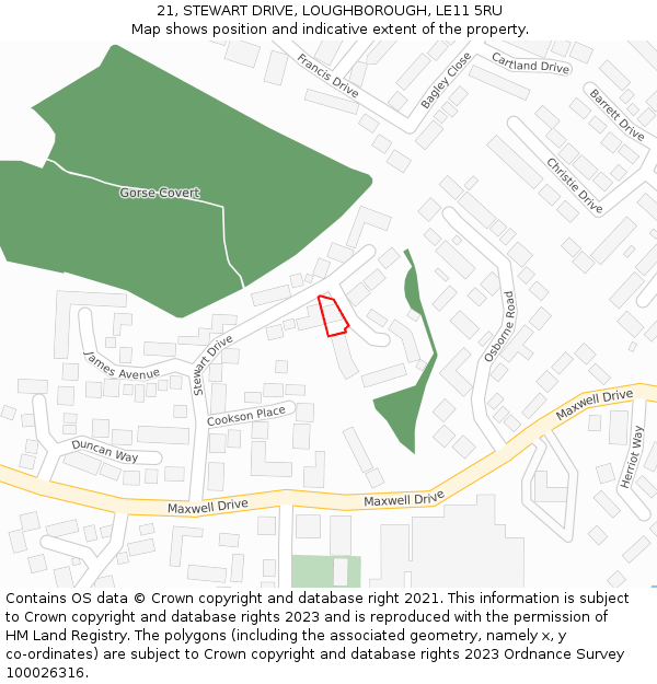 21, STEWART DRIVE, LOUGHBOROUGH, LE11 5RU: Location map and indicative extent of plot