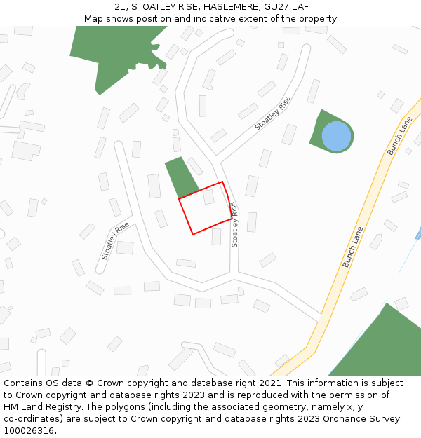 21, STOATLEY RISE, HASLEMERE, GU27 1AF: Location map and indicative extent of plot