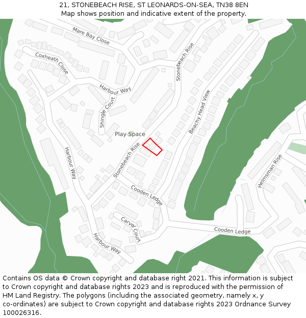 21, STONEBEACH RISE, ST LEONARDS-ON-SEA, TN38 8EN: Location map and indicative extent of plot
