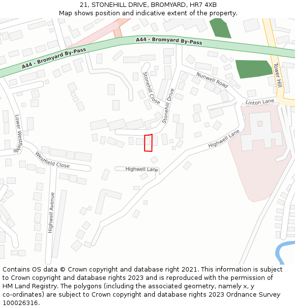 21, STONEHILL DRIVE, BROMYARD, HR7 4XB: Location map and indicative extent of plot