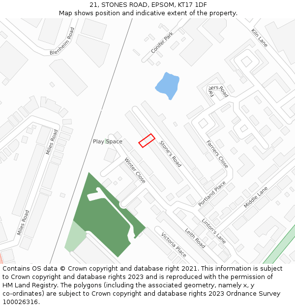 21, STONES ROAD, EPSOM, KT17 1DF: Location map and indicative extent of plot